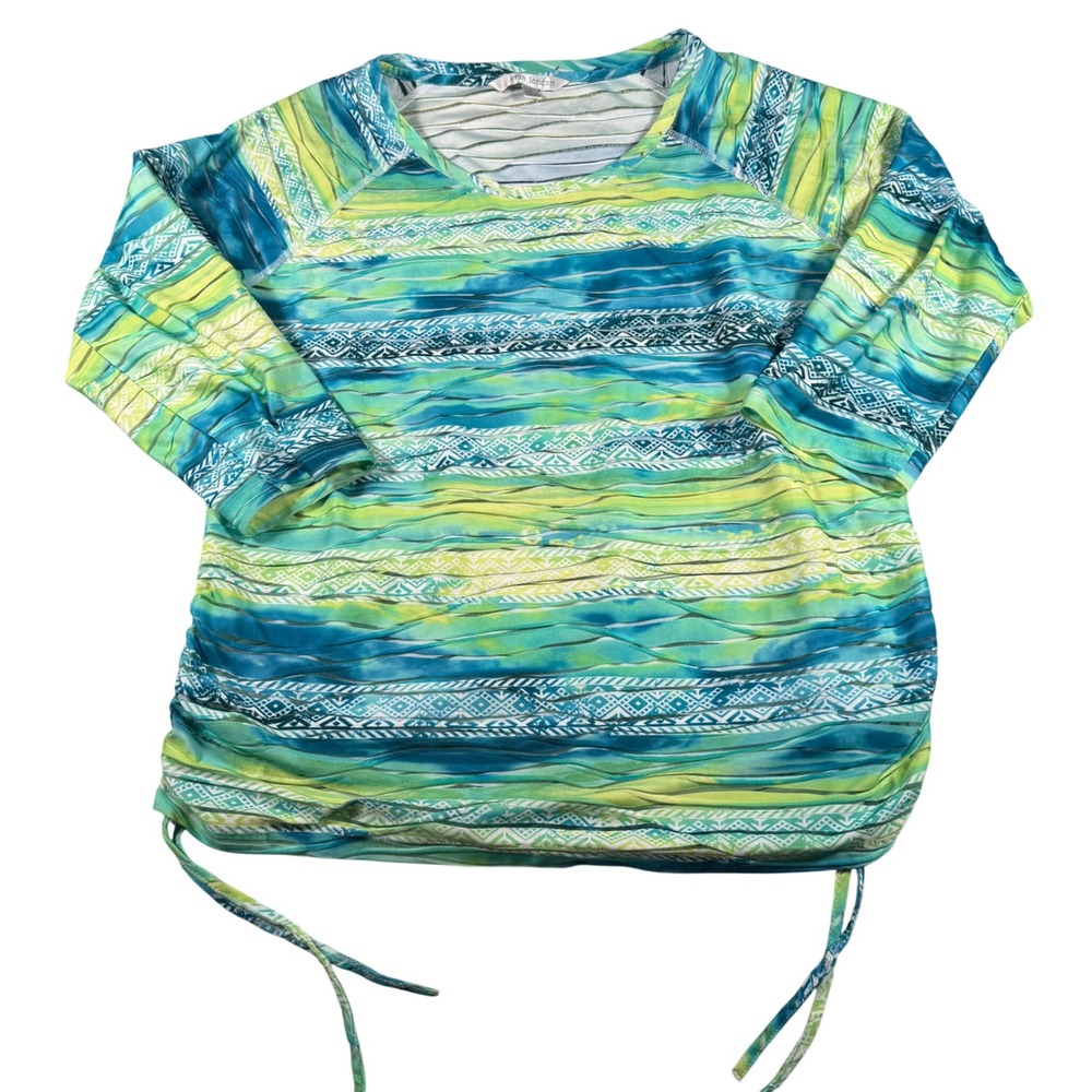 Erin London Top Women Large Blue Green Abstract Geometric Ruched Side 3/4 Sleeve